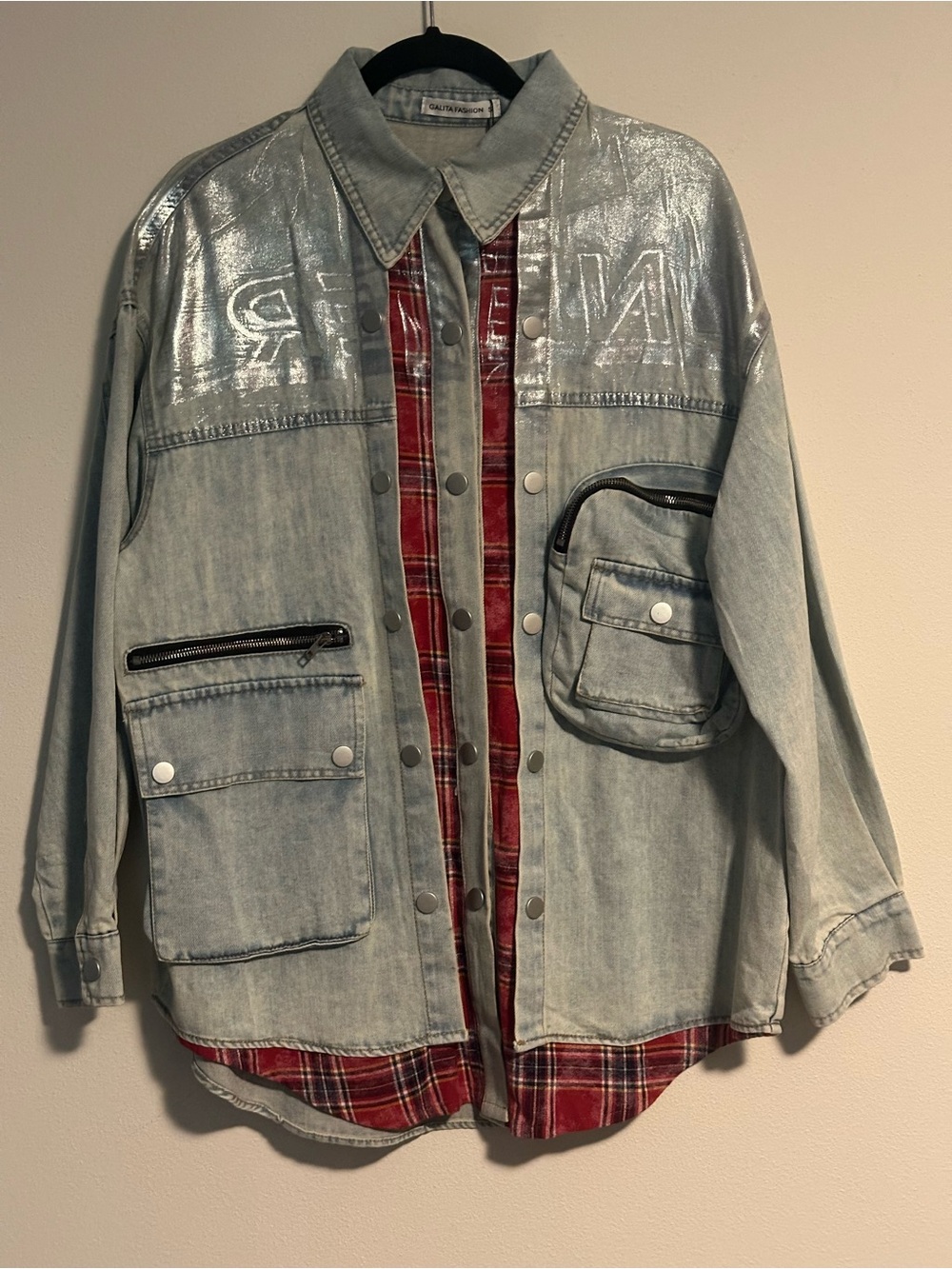 Galita Fashion NWT Small Denim Plaid Patchwork Metallic Shacket Jacket NEVER